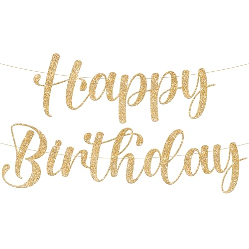 KatchOn 10ft Glitter Gold Happy Birthday Banner – Pre-Strung Cursive Banner for Party Decor