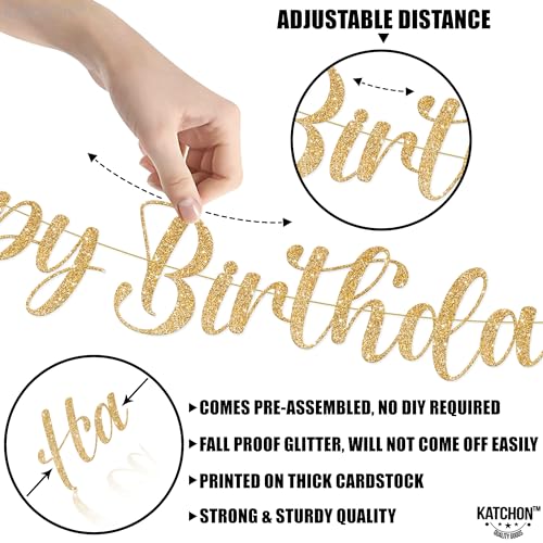 KatchOn 10ft Glitter Gold Happy Birthday Banner – Pre-Strung Cursive Banner for Party Decor