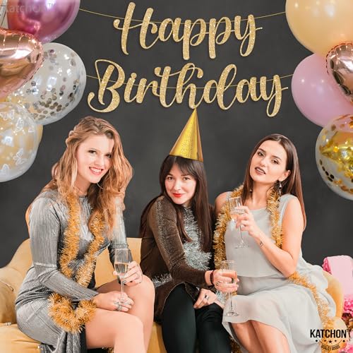 KatchOn 10ft Glitter Gold Happy Birthday Banner – Pre-Strung Cursive Banner for Party Decor