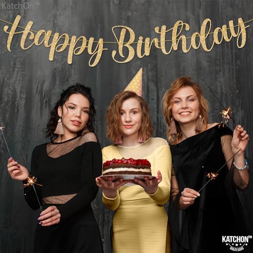 KatchOn 10ft Glitter Gold Happy Birthday Banner – Pre-Strung Cursive Banner for Party Decor