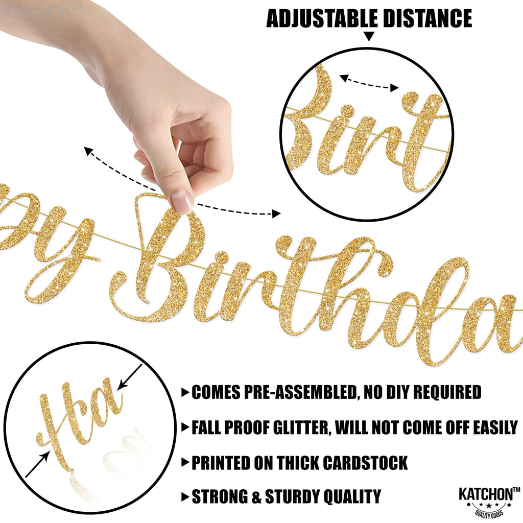 KatchOn 10ft Glitter Gold Happy Birthday Banner – Pre-Strung Cursive Banner for Party Decor