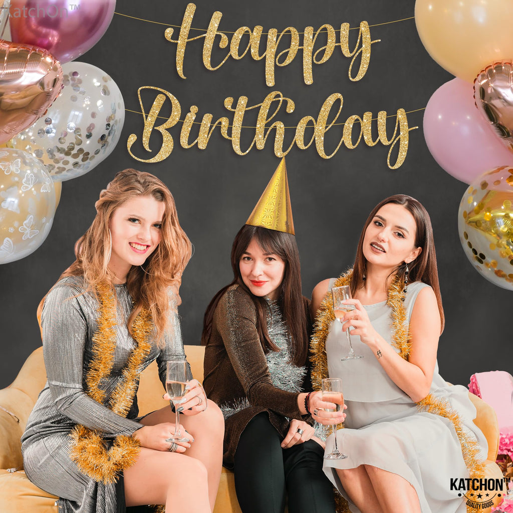KatchOn 10ft Glitter Gold Happy Birthday Banner – Pre-Strung Cursive Banner for Party Decor