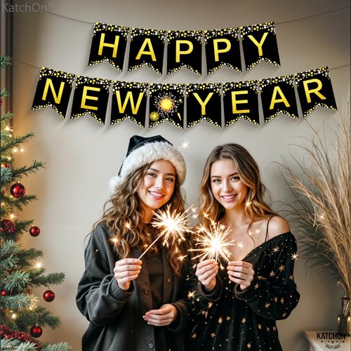 KatchOn 10ft Happy New Year Banner 2026 - Gold Pre-Strung Cardstock, No DIY