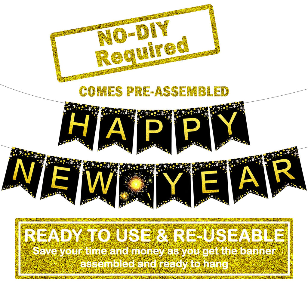 KatchOn 10ft Happy New Year Banner 2026 - Gold Pre-Strung Cardstock, No DIY