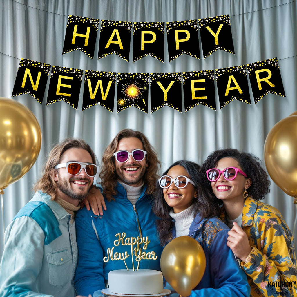 KatchOn 10ft Happy New Year Banner 2026 - Gold Pre-Strung Cardstock, No DIY