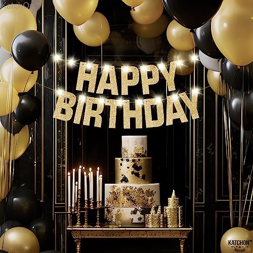 KatchOn 10ft Pre-Strung Glitter Gold Light Up Happy Birthday Banner with 8 Modes