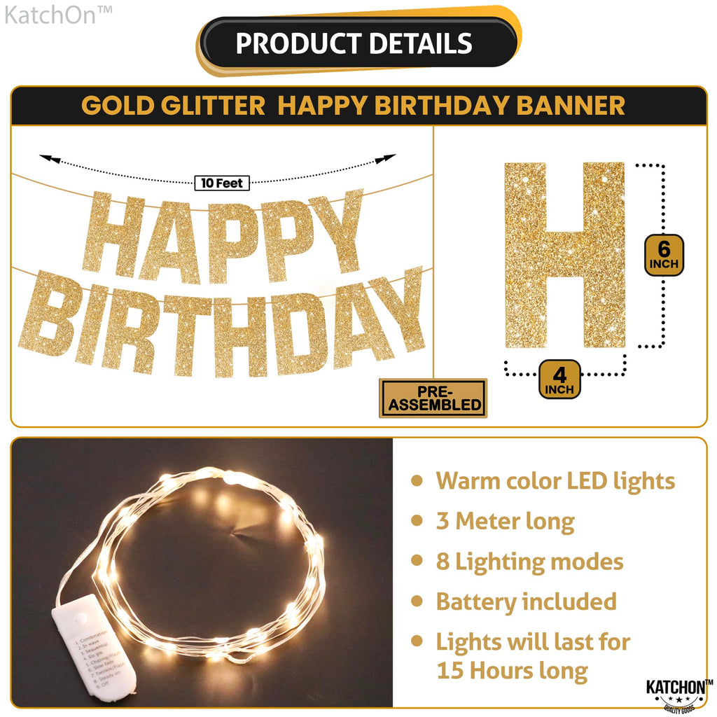 KatchOn 10ft Pre-Strung Glitter Gold Light Up Happy Birthday Banner with 8 Modes