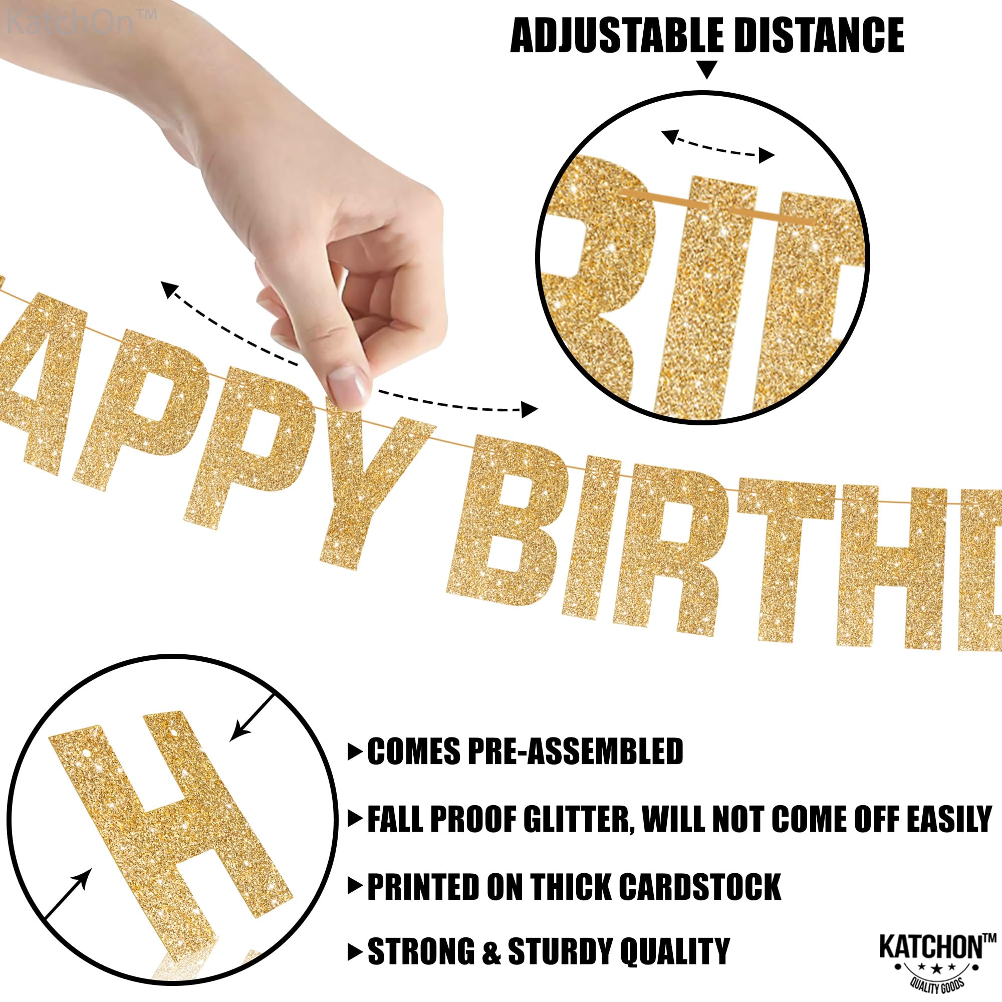 KatchOn 10ft Pre-Strung Glitter Gold Light Up Happy Birthday Banner with 8 Modes
