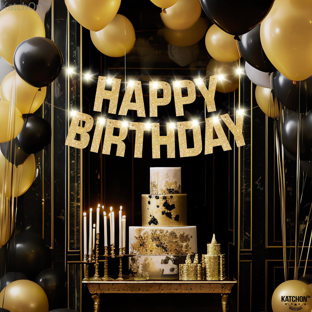 KatchOn 10ft Pre-Strung Glitter Gold Light Up Happy Birthday Banner with 8 Modes