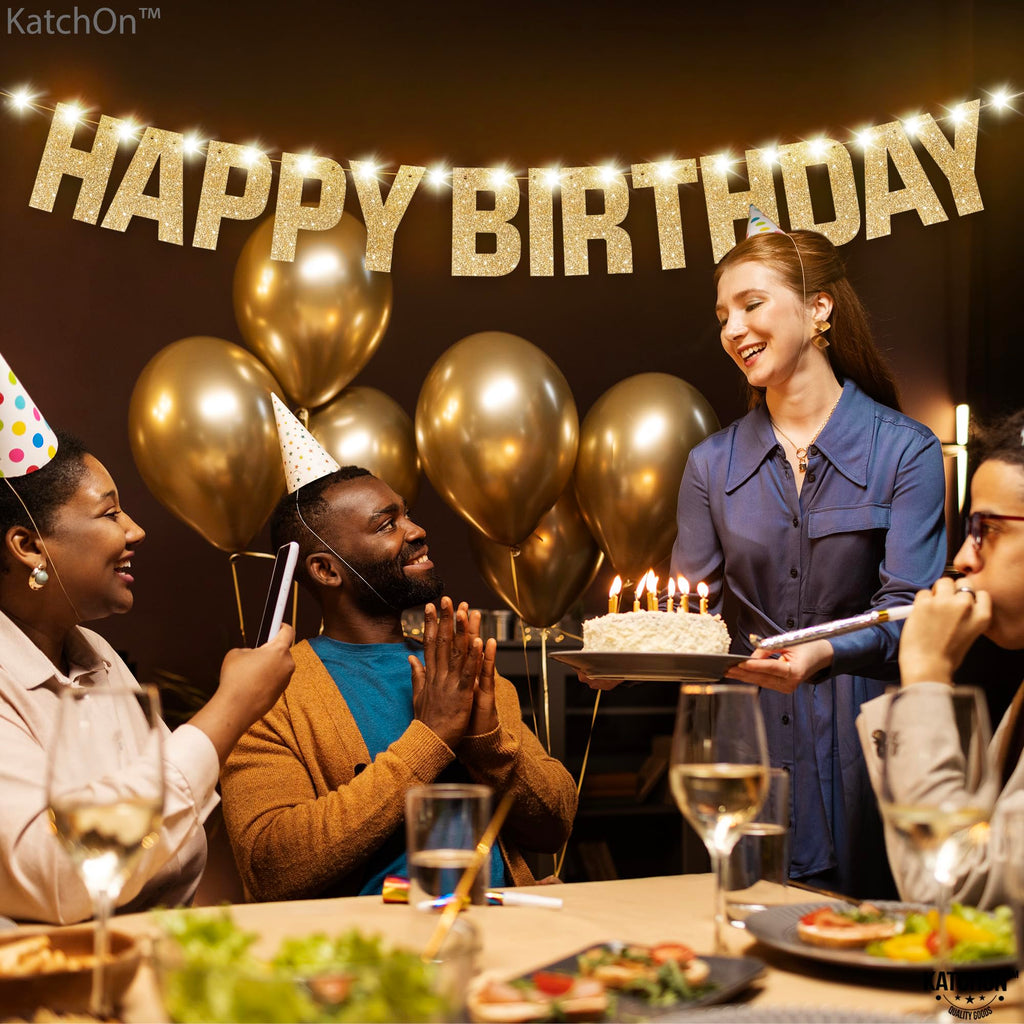 KatchOn 10ft Pre-Strung Glitter Gold Light Up Happy Birthday Banner with 8 Modes