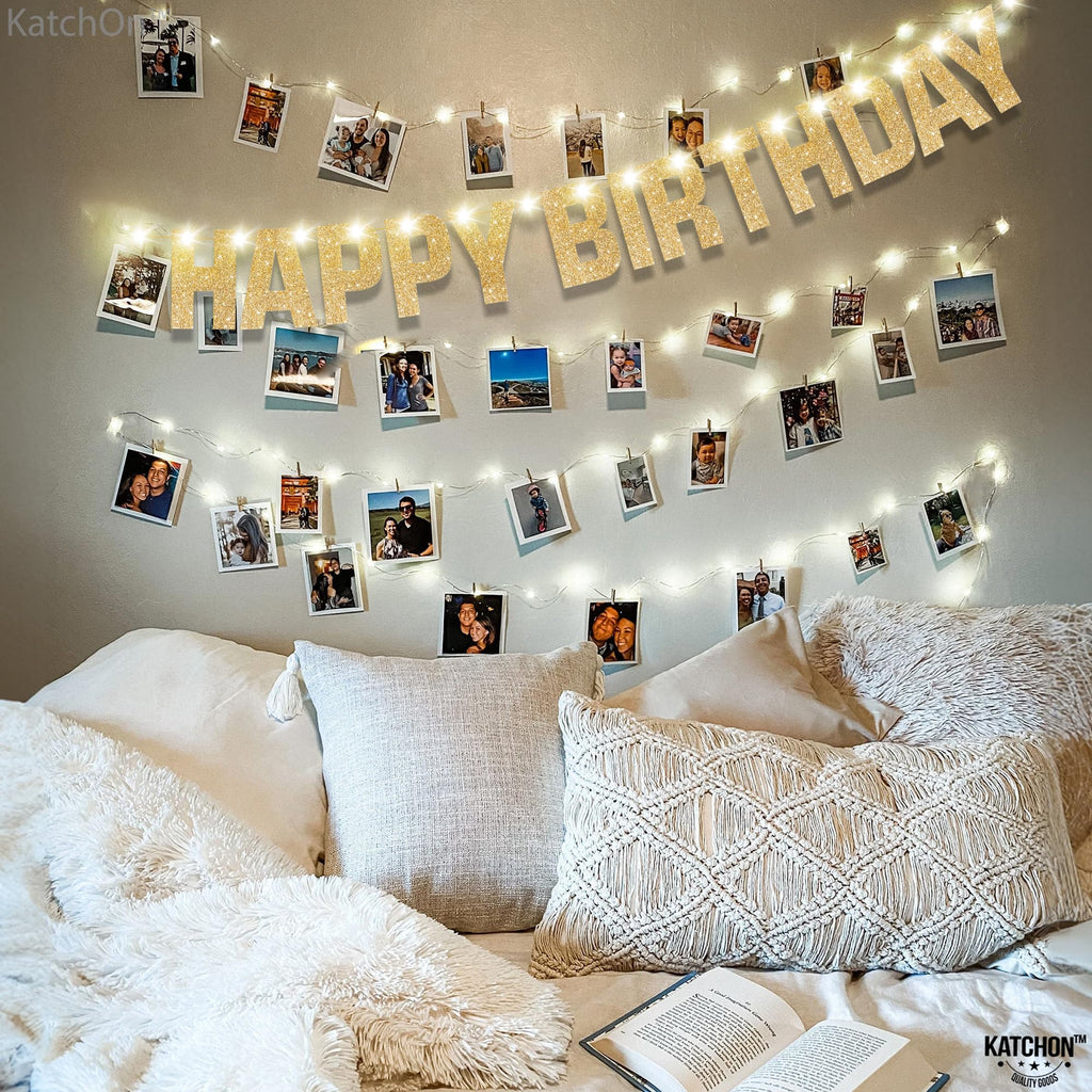 KatchOn 10ft Pre-Strung Glitter Gold Light Up Happy Birthday Banner with 8 Modes
