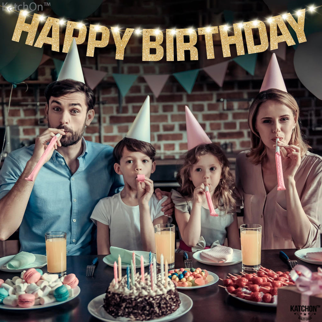 KatchOn 10ft Pre-Strung Glitter Gold Light Up Happy Birthday Banner with 8 Modes