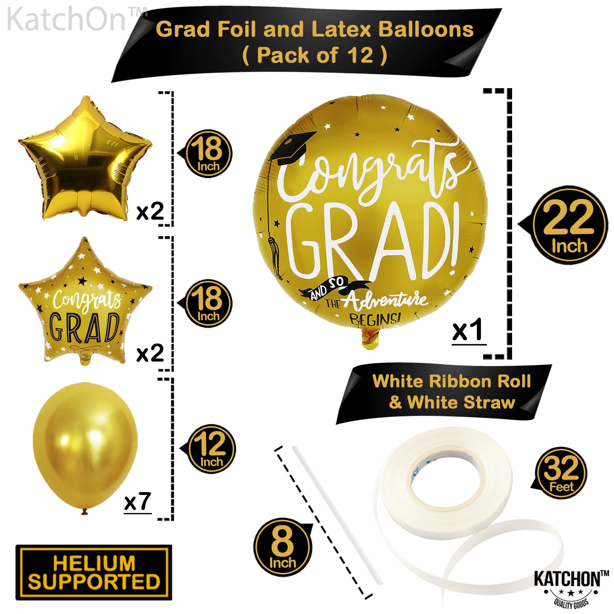 KatchOn 12-Pack Gold Graduation Balloons – 22 Inch Round & 18 Inch Star – Class of 2026 Party Decor