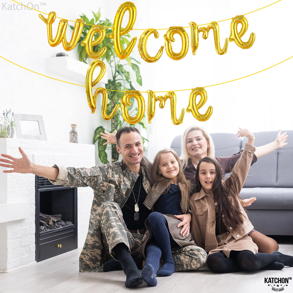 KatchOn 16 Inch Gold Welcome Home Balloons – Reusable Foil Banner for Homecoming Decorations