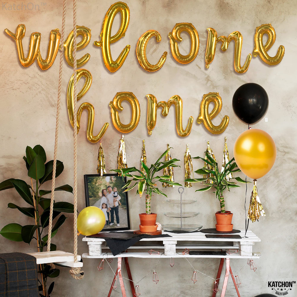 KatchOn 16 Inch Gold Welcome Home Balloons – Reusable Foil Banner for Homecoming Decorations