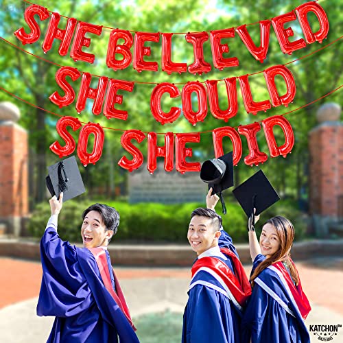 KatchOn 16 Inch Red 'She Believed She Could So She Did' Foil Balloon for Graduation Decorations