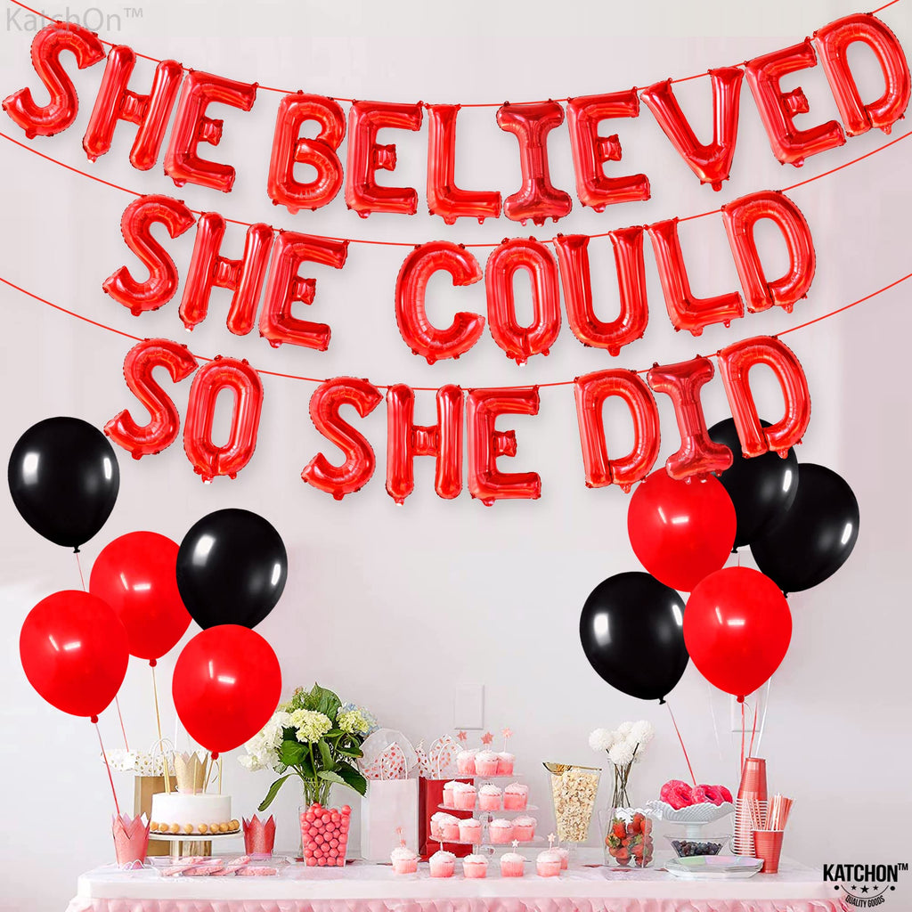 KatchOn 16 Inch Red 'She Believed She Could So She Did' Foil Balloon for Graduation Decorations