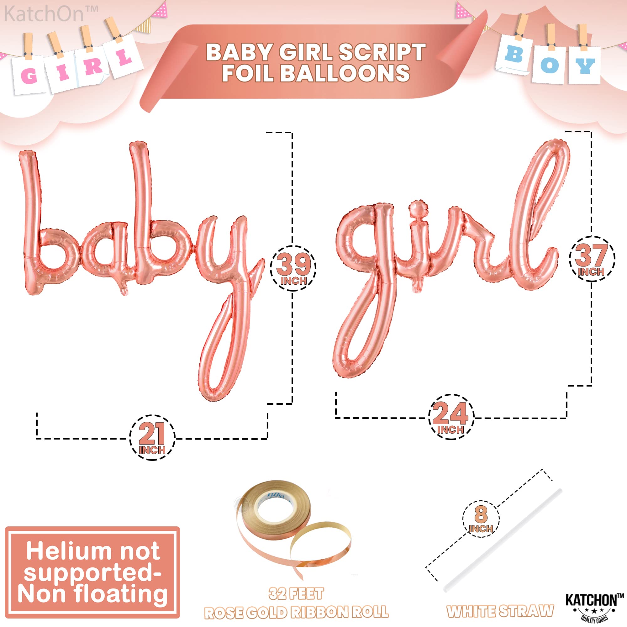 KatchOn 37-Inch Rose Gold 'Its A Girl' Foil Balloon Set for Baby Shower Decorations
