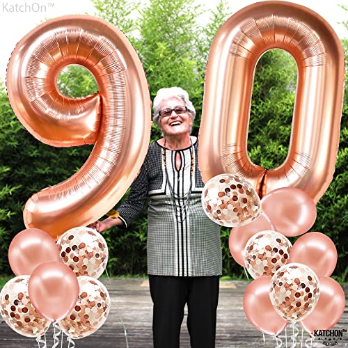 KatchOn 40 Inch Rose Gold 90 Number Balloon with 7 Confetti Balloons for 90th Birthday Decorations
