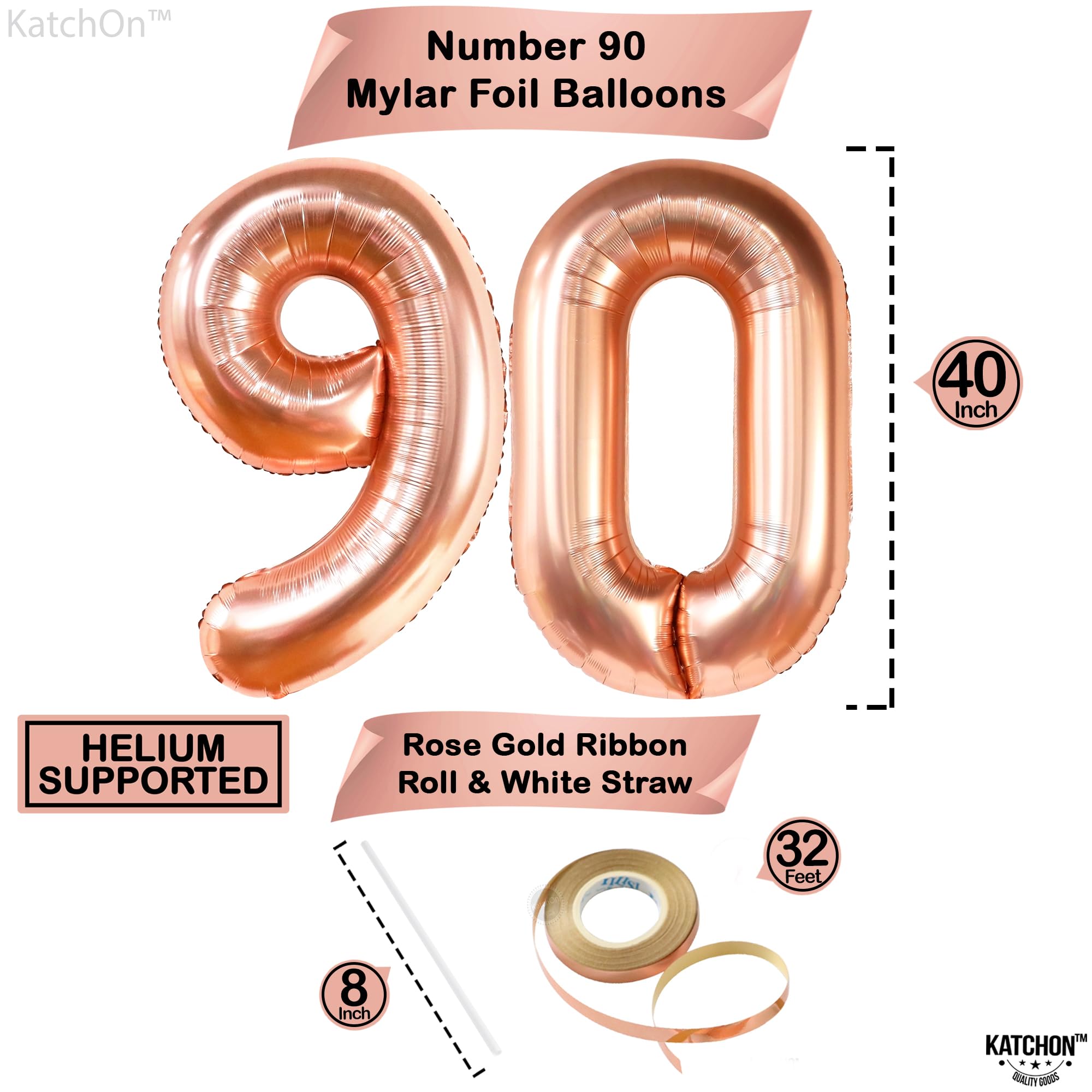 KatchOn 40 Inch Rose Gold 90 Number Balloon with 7 Confetti Balloons for 90th Birthday Decorations