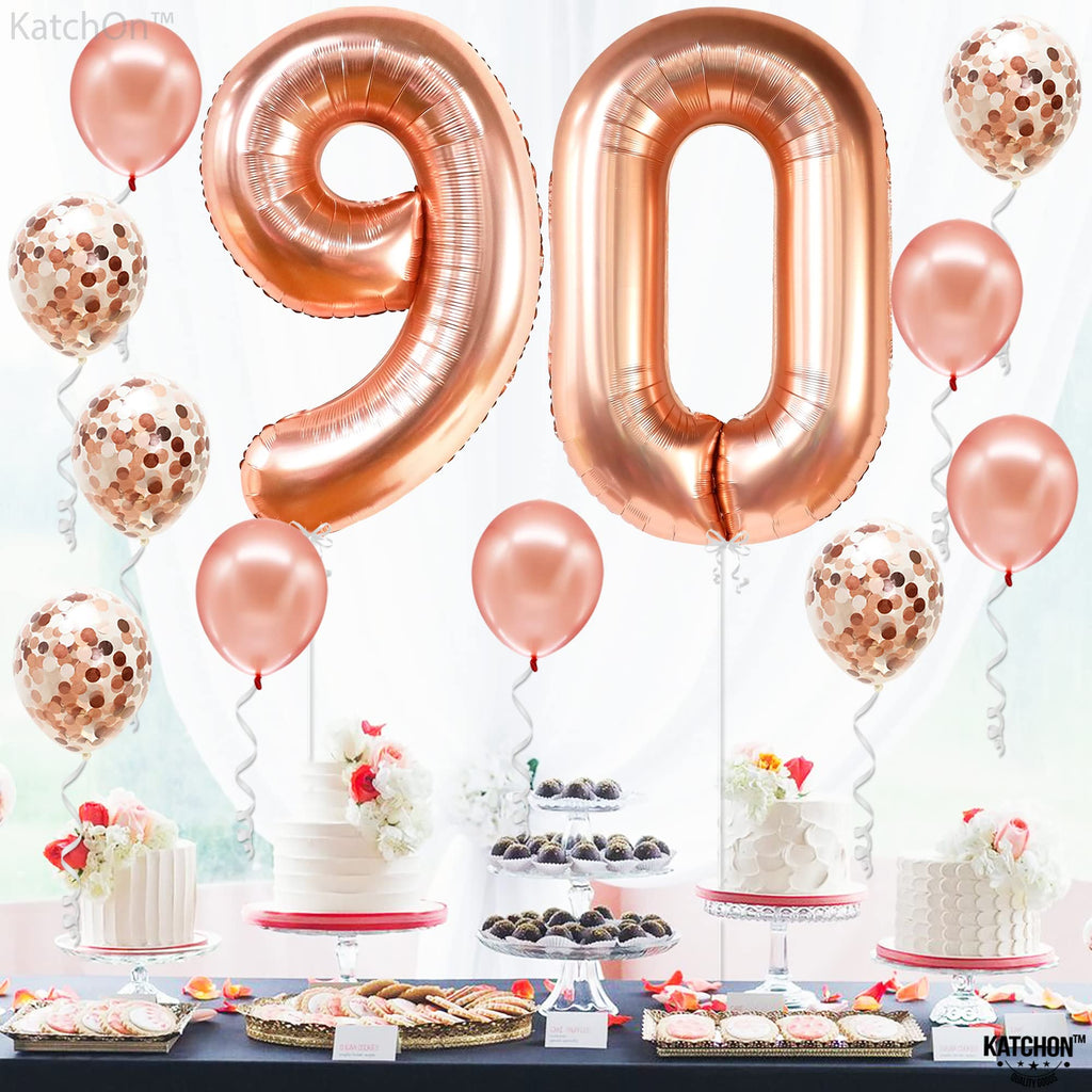 KatchOn 40 Inch Rose Gold 90 Number Balloon with 7 Confetti Balloons for 90th Birthday Decorations
