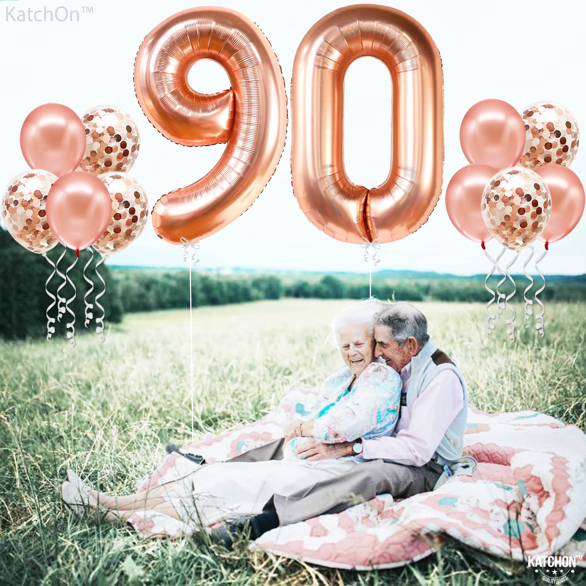 KatchOn 40 Inch Rose Gold 90 Number Balloon with 7 Confetti Balloons for 90th Birthday Decorations