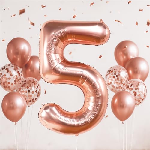 KatchOn 40-Inch Rose Gold Number 5 Balloon Set with Confetti for Birthday or Anniversary Decorations