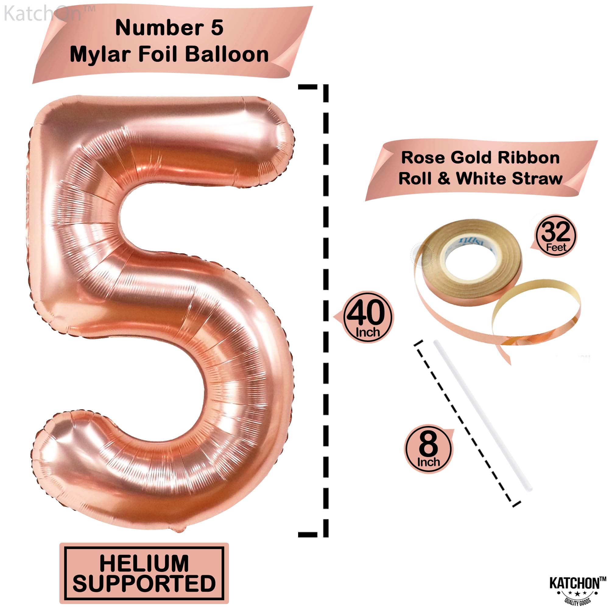 KatchOn 40-Inch Rose Gold Number 5 Balloon Set with Confetti for Birthday or Anniversary Decorations