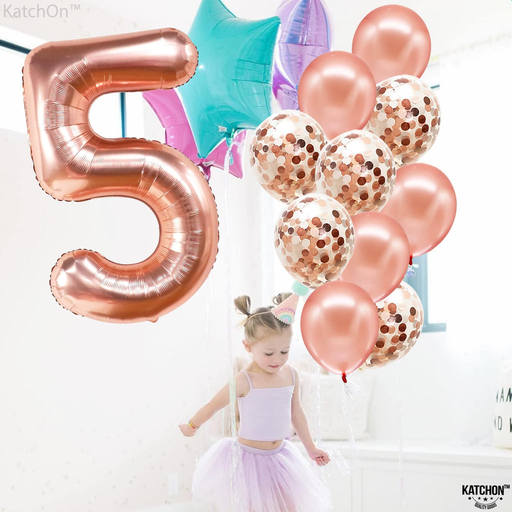 KatchOn 40-Inch Rose Gold Number 5 Balloon Set with Confetti for Birthday or Anniversary Decorations