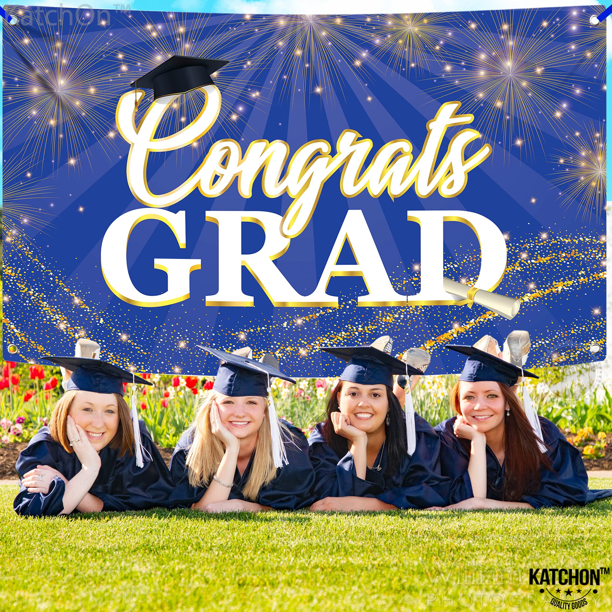 KatchOn 72x44 Inch Blue Graduation Banner 2026 - Congrats Grad Backdrop for Party Decorations