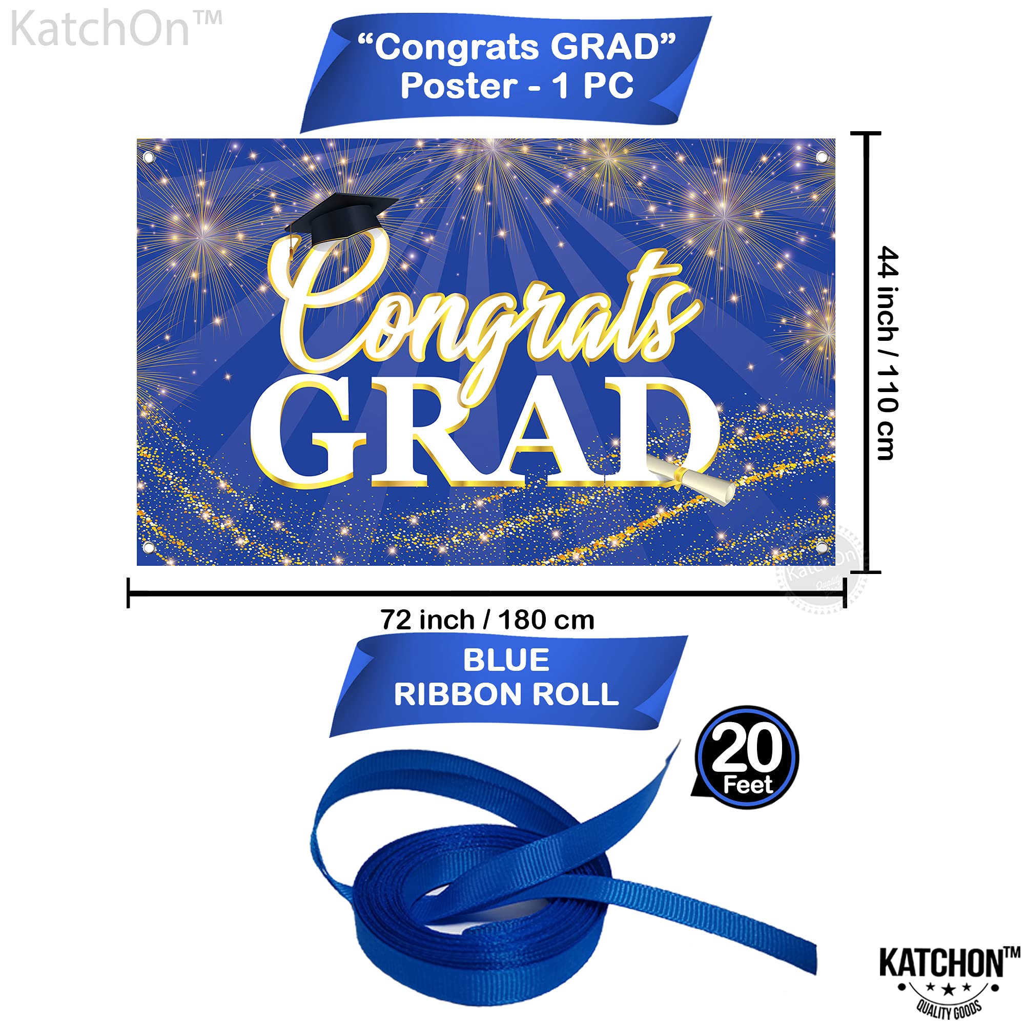 KatchOn 72x44 Inch Blue Graduation Banner 2026 - Congrats Grad Backdrop for Party Decorations