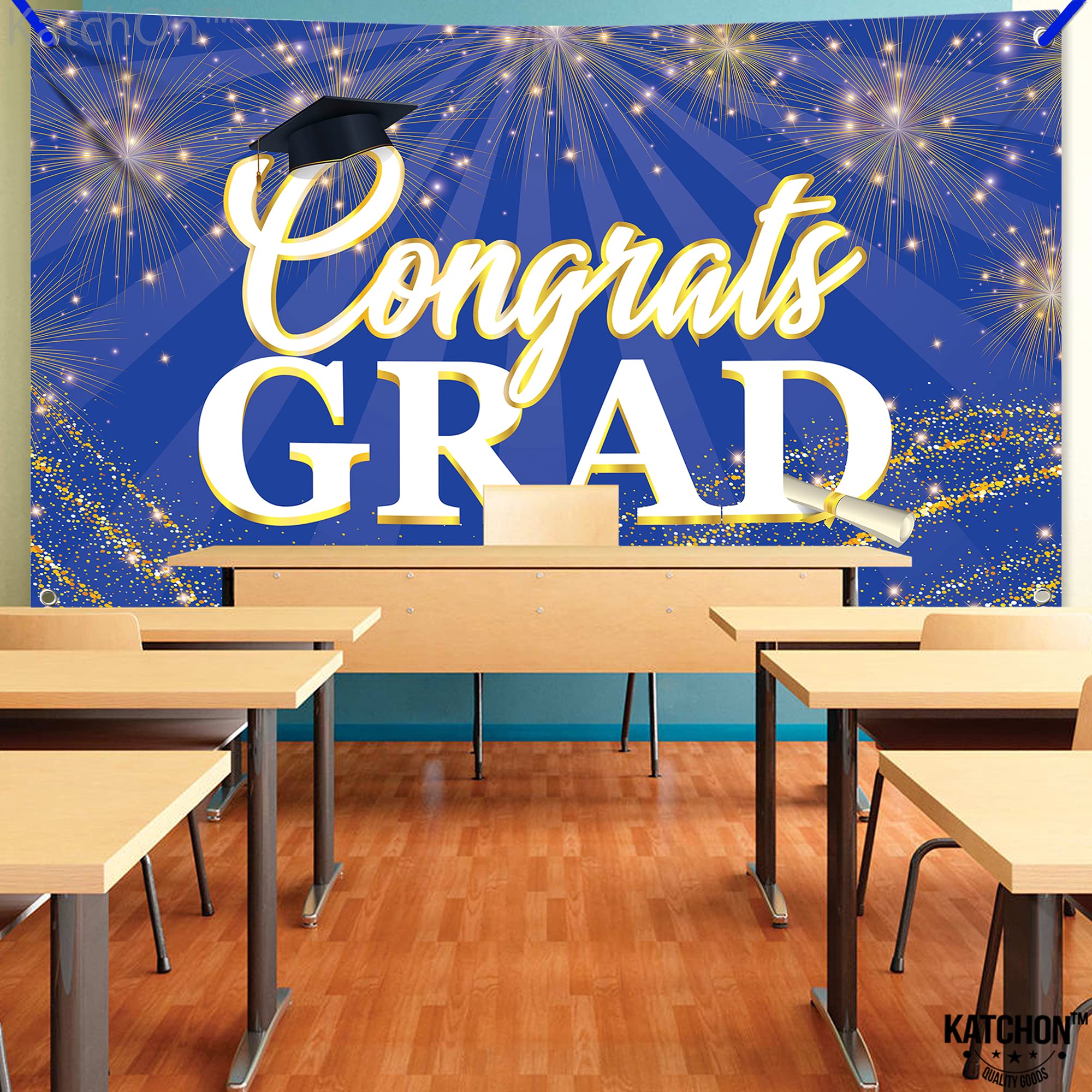 KatchOn 72x44 Inch Blue Graduation Banner 2026 - Congrats Grad Backdrop for Party Decorations