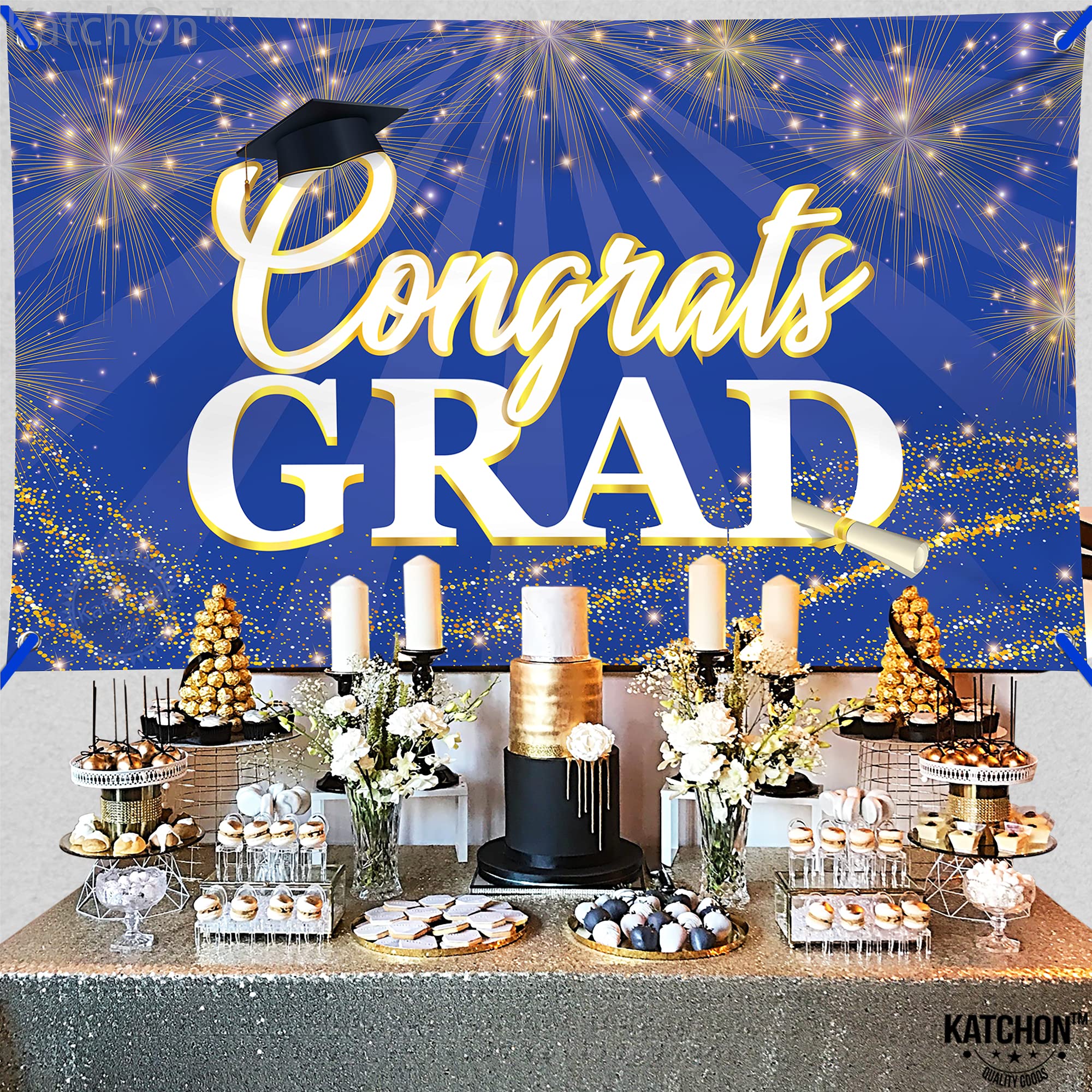 KatchOn 72x44 Inch Blue Graduation Banner 2026 - Congrats Grad Backdrop for Party Decorations