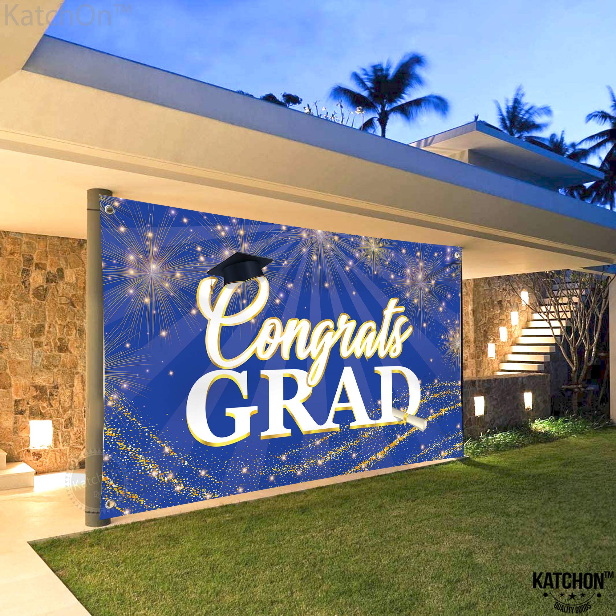 KatchOn 72x44 Inch Blue Graduation Banner 2026 - Congrats Grad Backdrop for Party Decorations