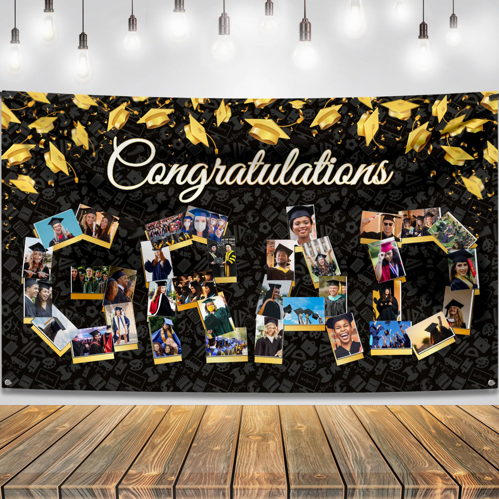 KatchOn 72x44 Inch Graduation Photo Banner - Black & Gold, Reusable Cloth, Holds 35 Photos with Stickers for 2026 Party Decor