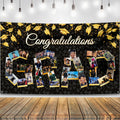 KatchOn 72x44 Inch Graduation Photo Banner - Black & Gold, Reusable Cloth, Holds 35 Photos with Stickers for 2026 Party Decor