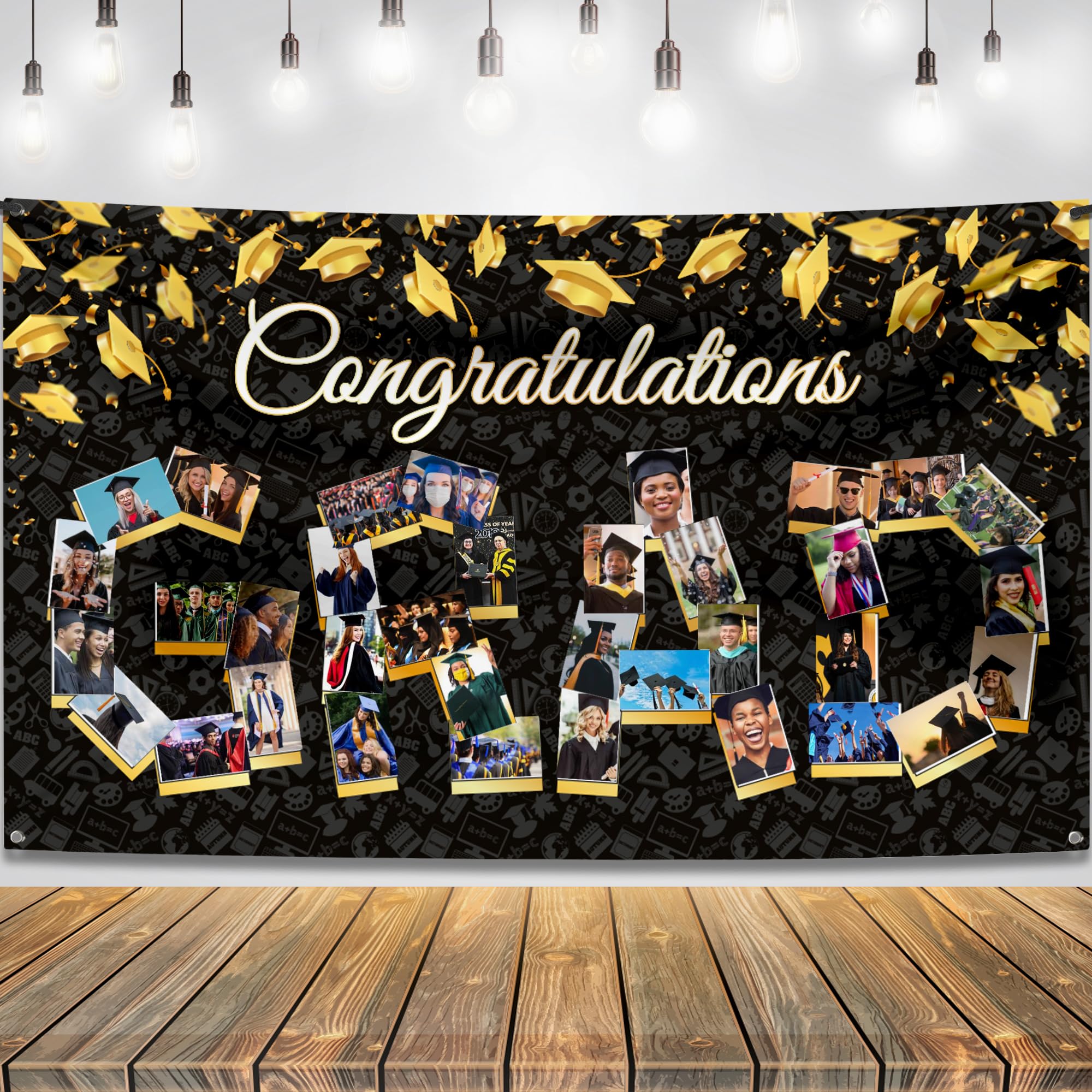 KatchOn 72x44 Inch Graduation Photo Banner - Black & Gold, Reusable Cloth, Holds 35 Photos with Stickers for 2026 Party Decor