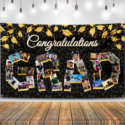 KatchOn 72x44 Inch Graduation Photo Banner - Black & Gold, Reusable Cloth, Holds 35 Photos with Stickers for 2026 Party Decor