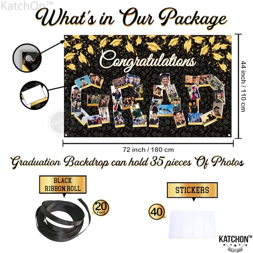 KatchOn 72x44 Inch Graduation Photo Banner - Black & Gold, Reusable Cloth, Holds 35 Photos with Stickers for 2026 Party Decor