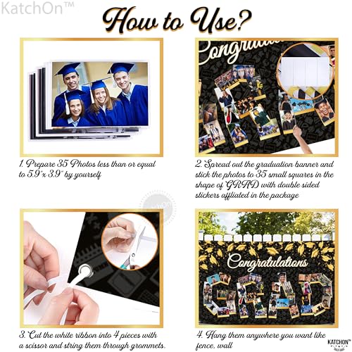 KatchOn 72x44 Inch Graduation Photo Banner - Black & Gold, Reusable Cloth, Holds 35 Photos with Stickers for 2026 Party Decor