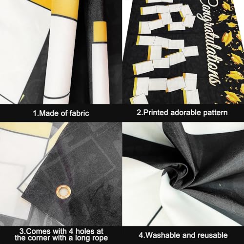 KatchOn 72x44 Inch Graduation Photo Banner - Black & Gold, Reusable Cloth, Holds 35 Photos with Stickers for 2026 Party Decor