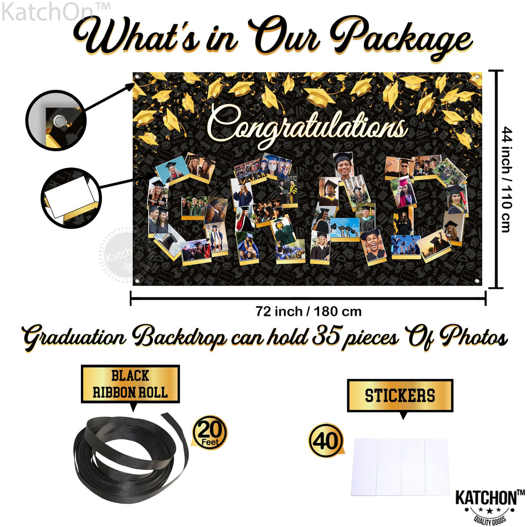 KatchOn 72x44 Inch Graduation Photo Banner - Black & Gold, Reusable Cloth, Holds 35 Photos with Stickers for 2026 Party Decor