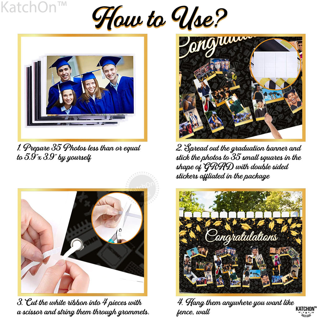 KatchOn 72x44 Inch Graduation Photo Banner - Black & Gold, Reusable Cloth, Holds 35 Photos with Stickers for 2026 Party Decor