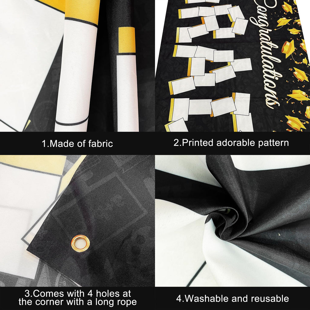 KatchOn 72x44 Inch Graduation Photo Banner - Black & Gold, Reusable Cloth, Holds 35 Photos with Stickers for 2026 Party Decor