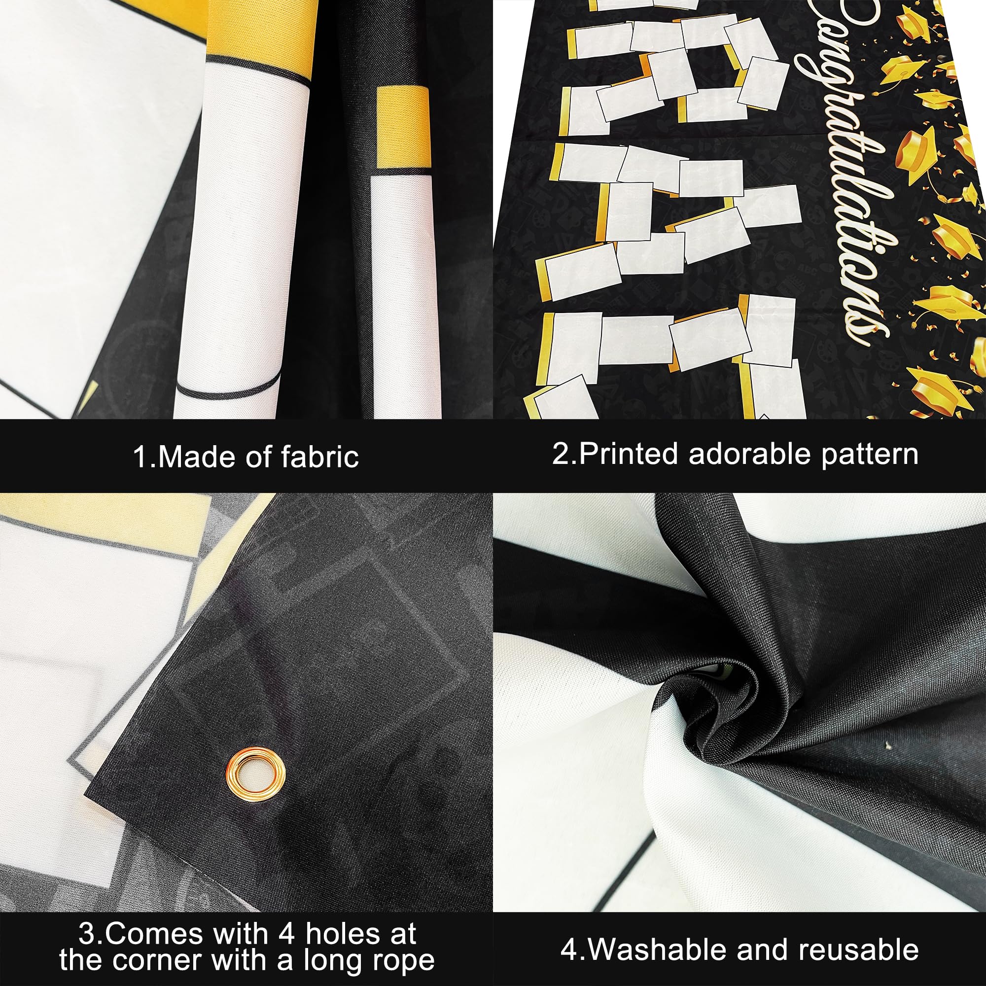 KatchOn 72x44 Inch Graduation Photo Banner - Black & Gold, Reusable Cloth, Holds 35 Photos with Stickers for 2026 Party Decor