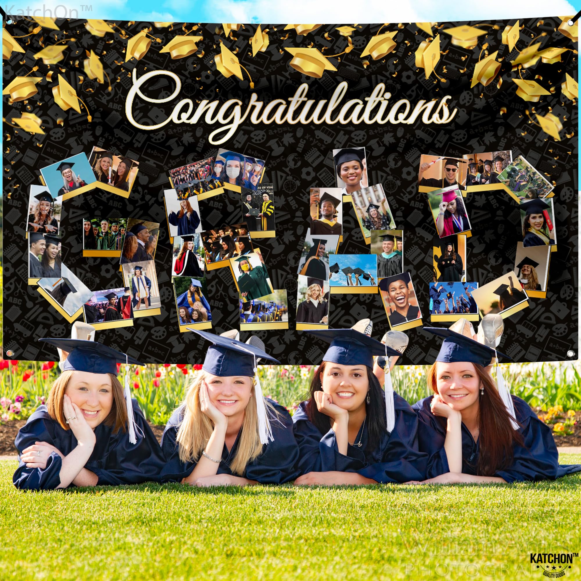KatchOn 72x44 Inch Graduation Photo Banner - Black & Gold, Reusable Cloth, Holds 35 Photos with Stickers for 2026 Party Decor