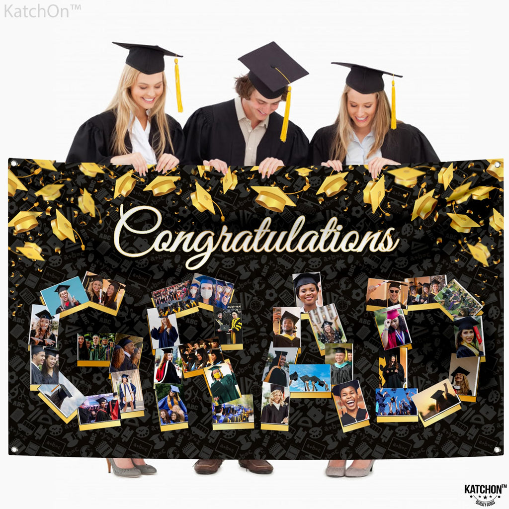 KatchOn 72x44 Inch Graduation Photo Banner - Black & Gold, Reusable Cloth, Holds 35 Photos with Stickers for 2026 Party Decor