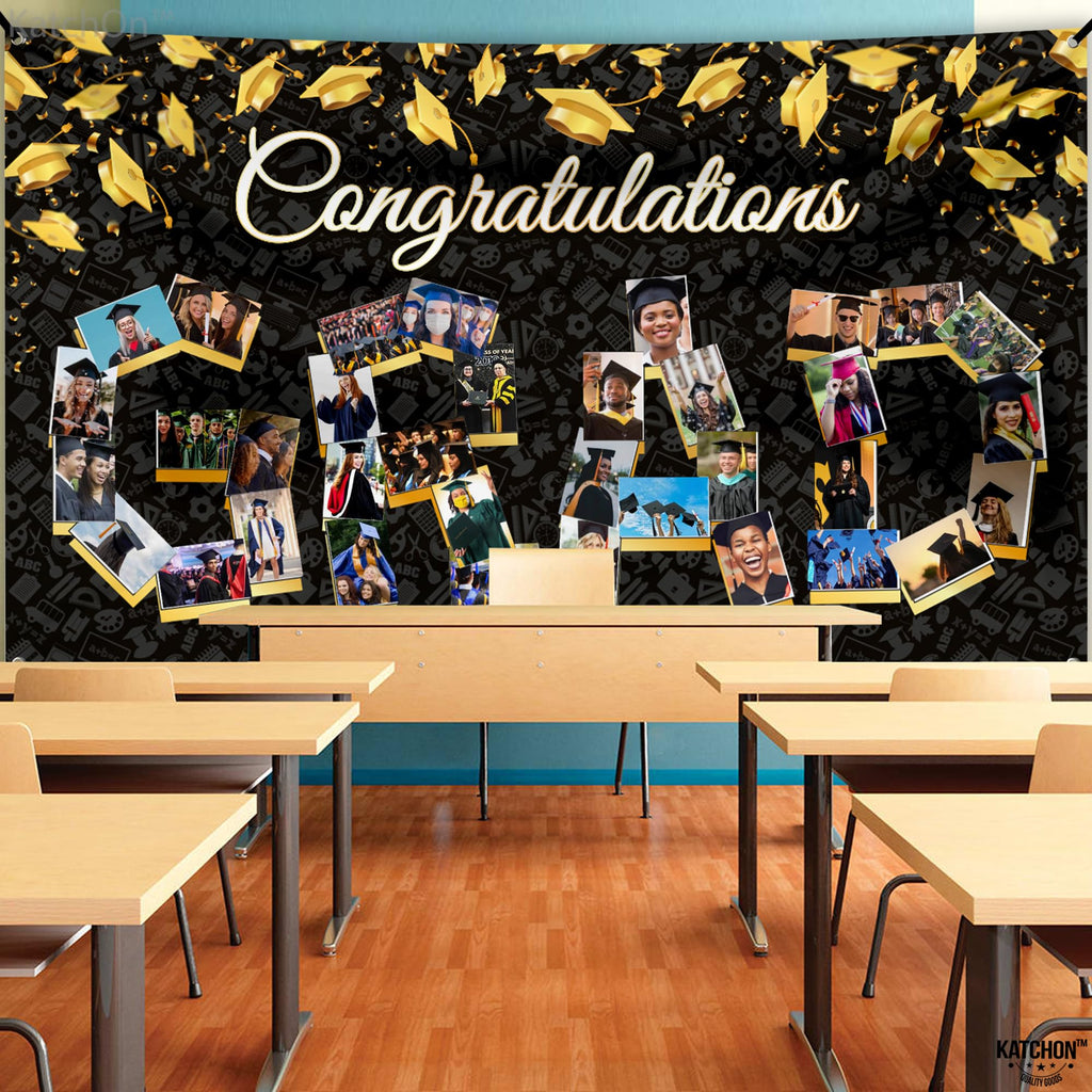 KatchOn 72x44 Inch Graduation Photo Banner - Black & Gold, Reusable Cloth, Holds 35 Photos with Stickers for 2026 Party Decor