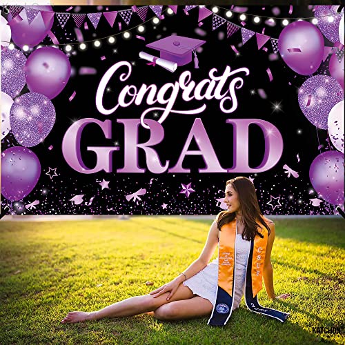 KatchOn 72x44 Inch Purple & Black Congrats Grad Banner for Class of 2026 – Reusable Cloth Fabric Graduation Decorations