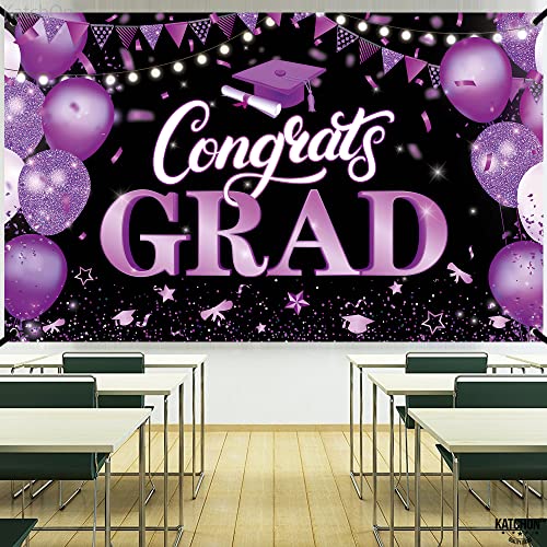 KatchOn 72x44 Inch Purple & Black Congrats Grad Banner for Class of 2026 – Reusable Cloth Fabric Graduation Decorations